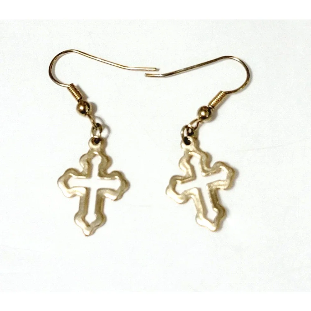 Vintage Cross Dangle Pierced Earrings Gothic Gold-tone Open-Wrought 1 5/8